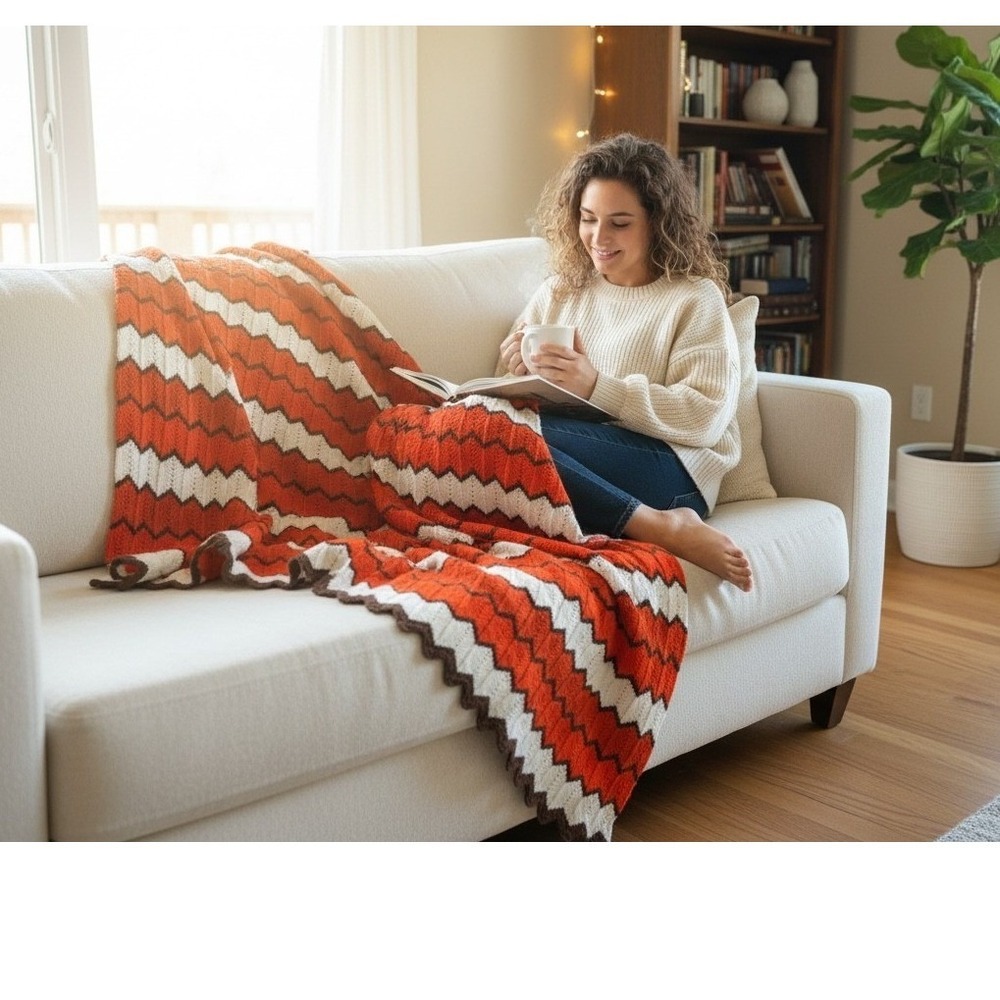 Vintage Handmade Crochet Chevron Afghan Blanket Orange White Brown Ripple‎ Throw